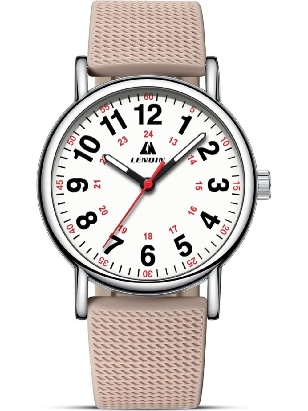 Women's Pink White Leather Strap Analog Quartz Luminous Dial Waterproof Watch